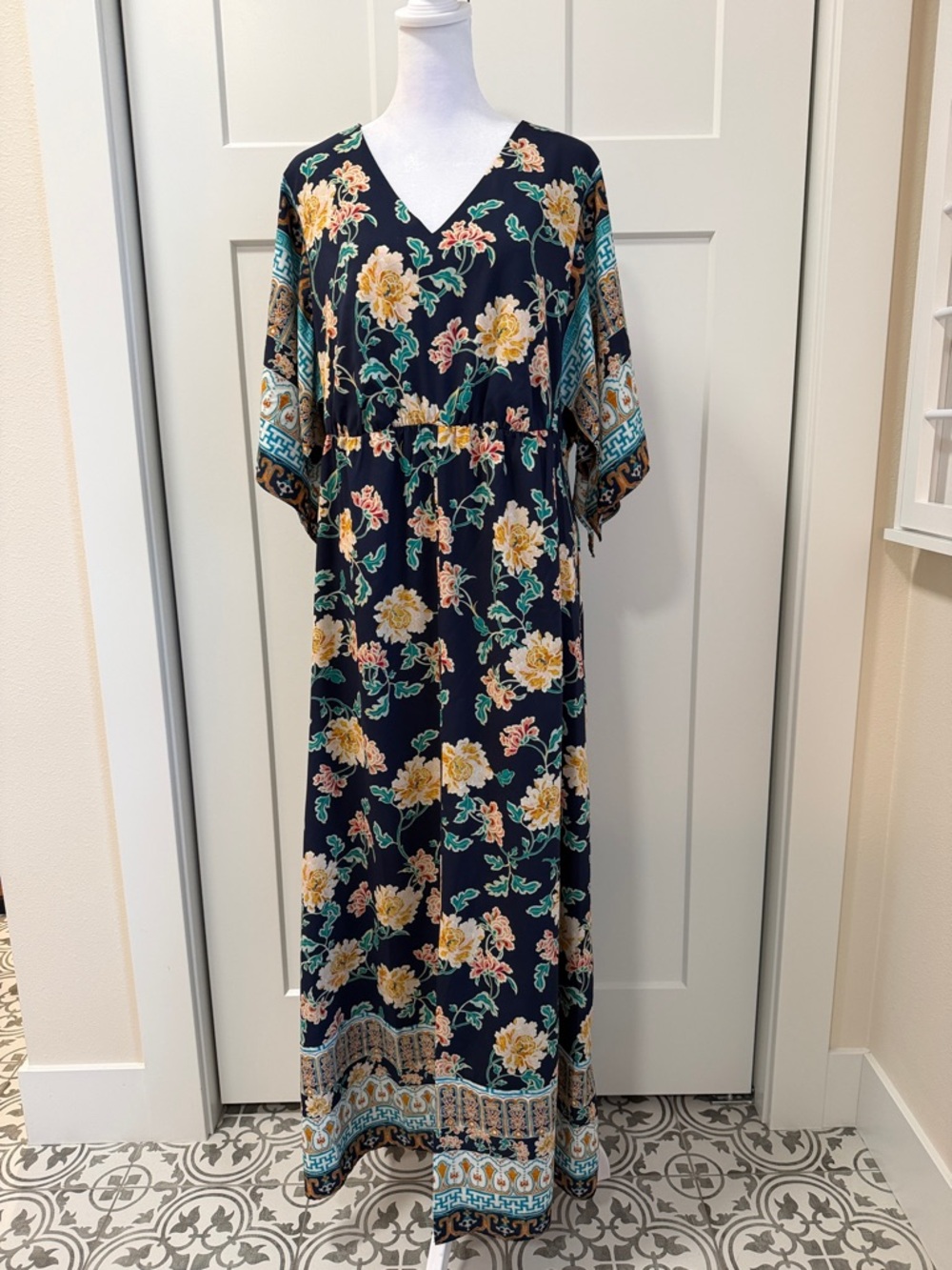 Navy Floral V-Neck Dress with Yellow Blooms by Chicos